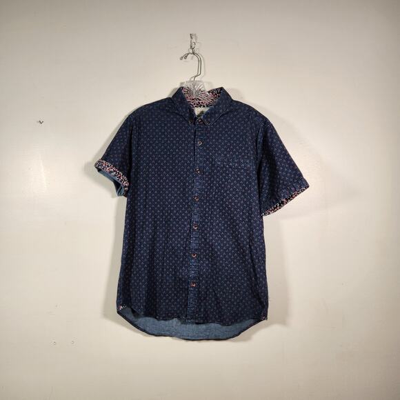 7 Diamonds Other - 7 DIAMONDS Denim Stretch SS Button Down Mens M Navy Blue Red Geometric Casual